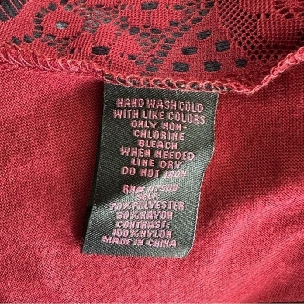 HYBRID Apparel Womens Tee L Burgundy Red Black Cross Front Lace Back Distressed - Picture 7 of 7